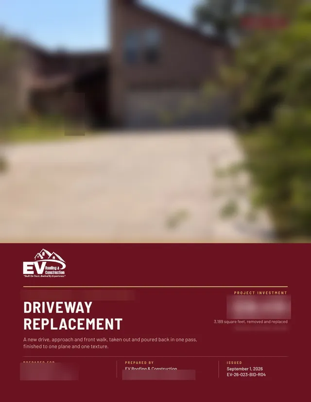 Cover of a real EV proposal for a driveway replacement, with the client and the price blurred