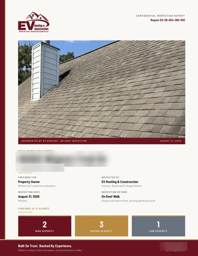 Cover of a real EV roof inspection report, with the address blurred
