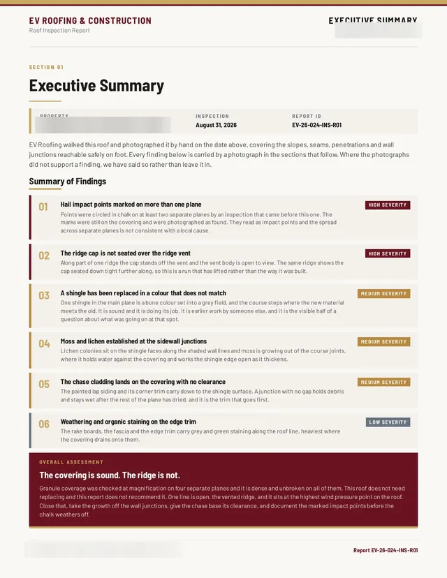 Executive summary page of a real EV roof inspection report, with the address blurred