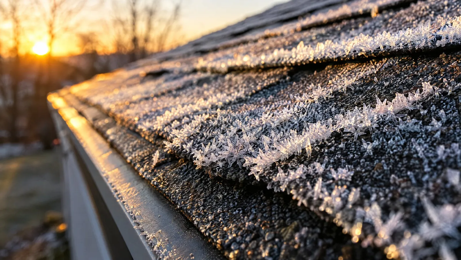Cristales de escarcha sobre tejas asfálticas oscuras al amanecer