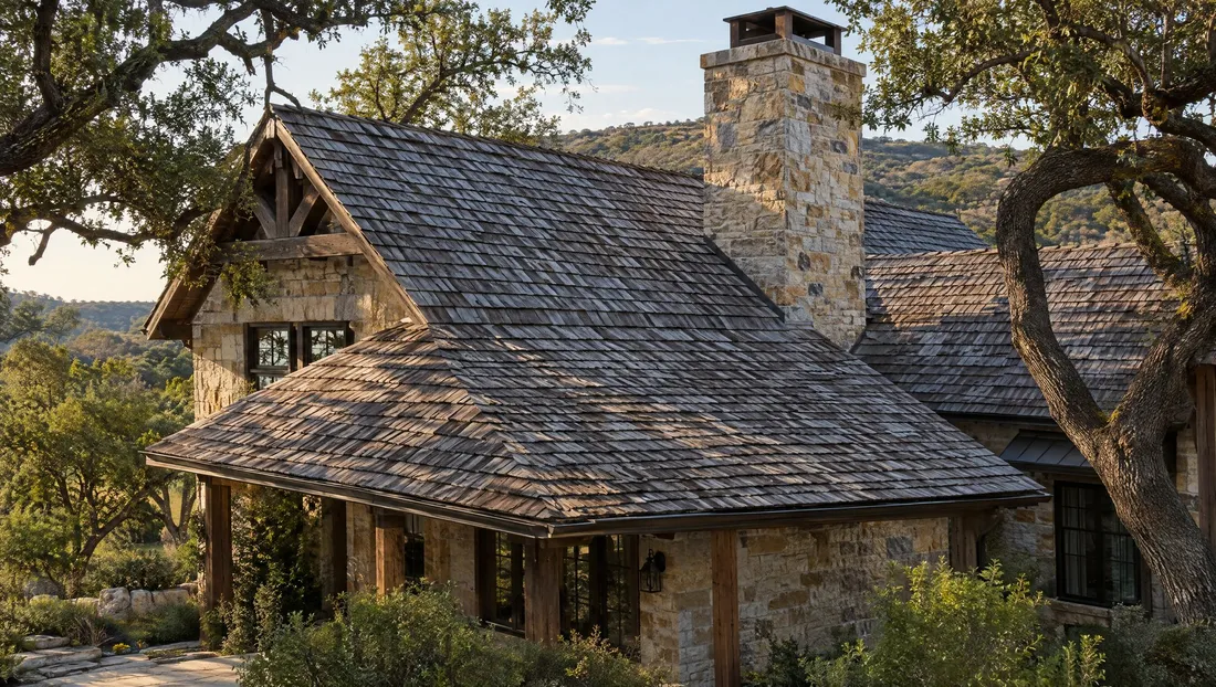 Tejamanil de cedro envejecido en una casa estilo Hill Country con chimenea de piedra